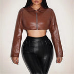 Women's Cropped Faux Leather Jacket with Innovative Zipper