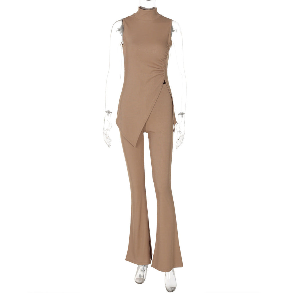 Women's Asymmetrical Jumpsuit Set with Stand-Up Collar