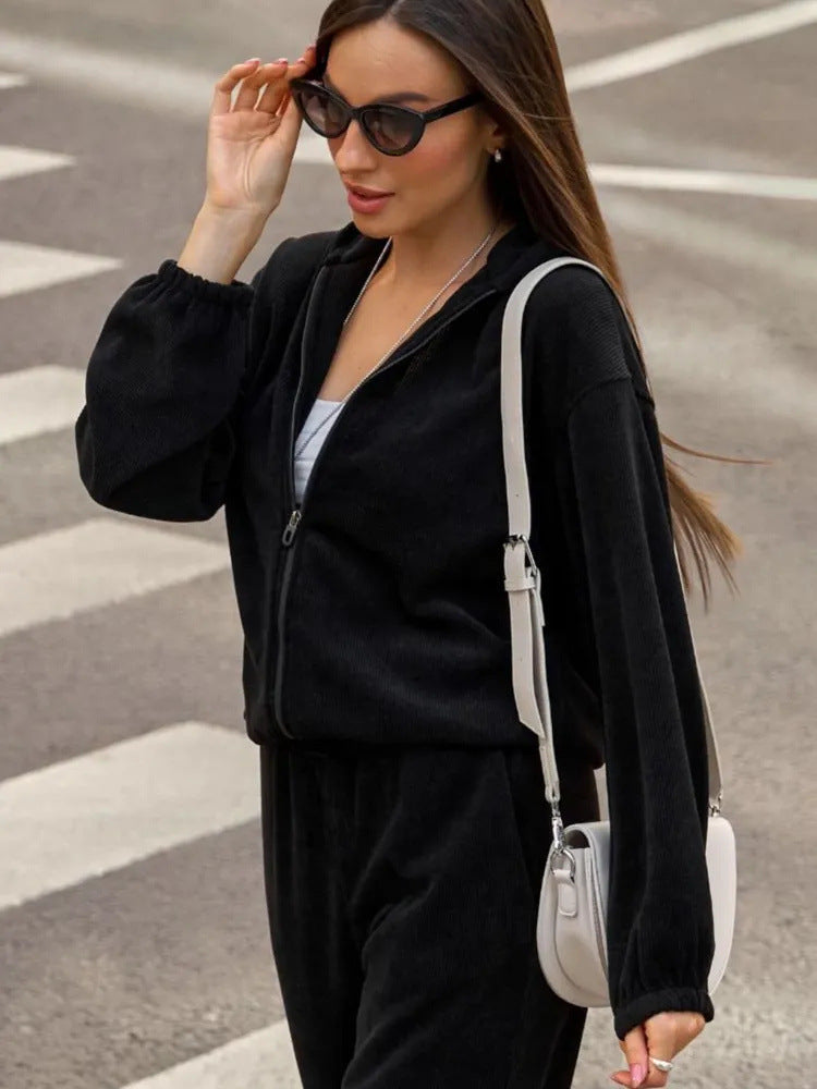 Women's Casual Sweat Set with Elastic Waistband and Modern Zipper