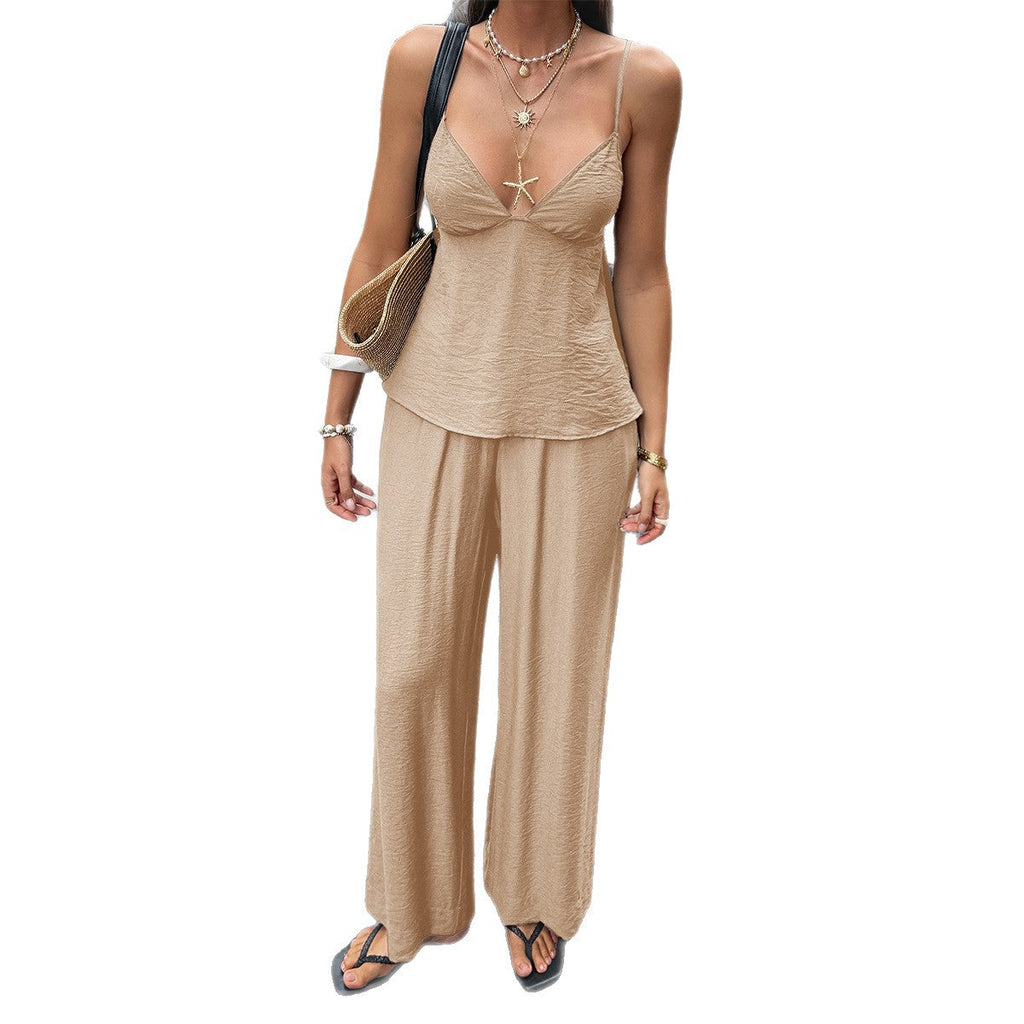 Women's Airy Two-Piece Set with Thin Straps and Wide-Leg Pants