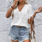 Women's Casual Blouse with Fine Lace Appliqués and Decorative V-Neck
