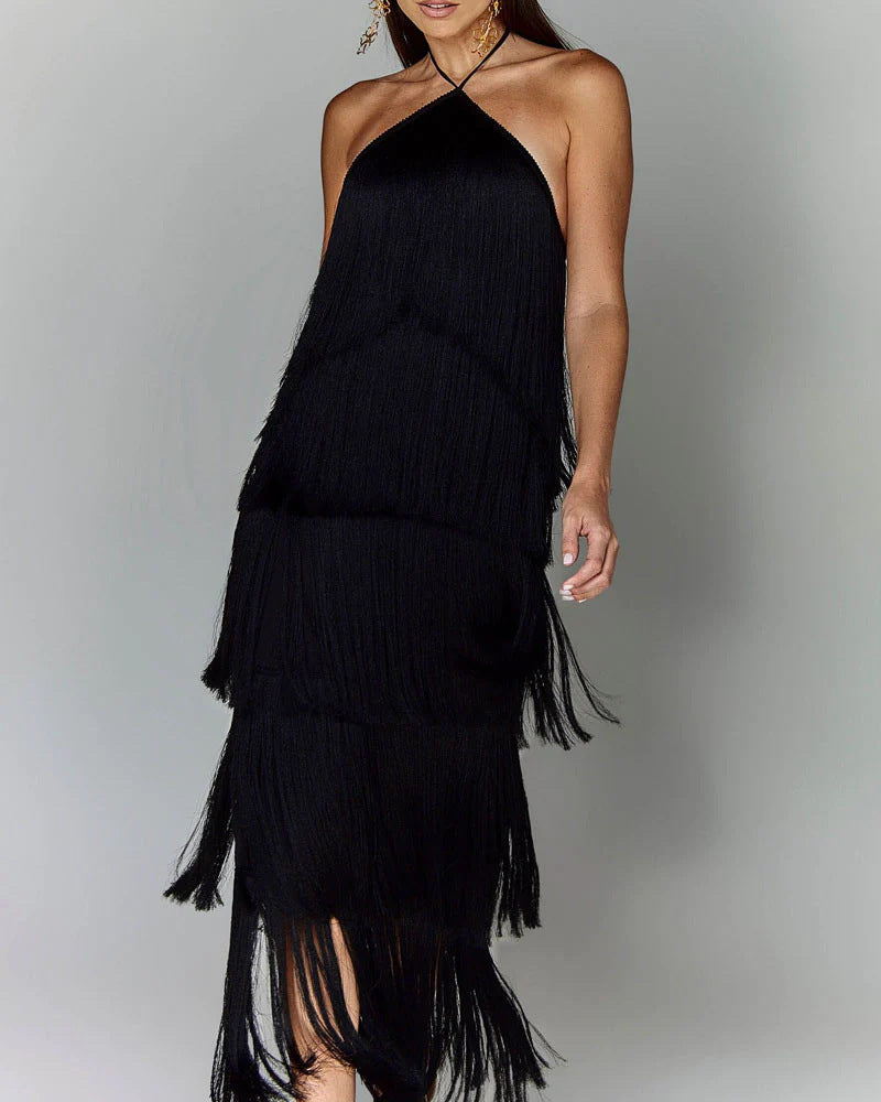 Elegant Fringe Maxi Dress with Shimmering Detail