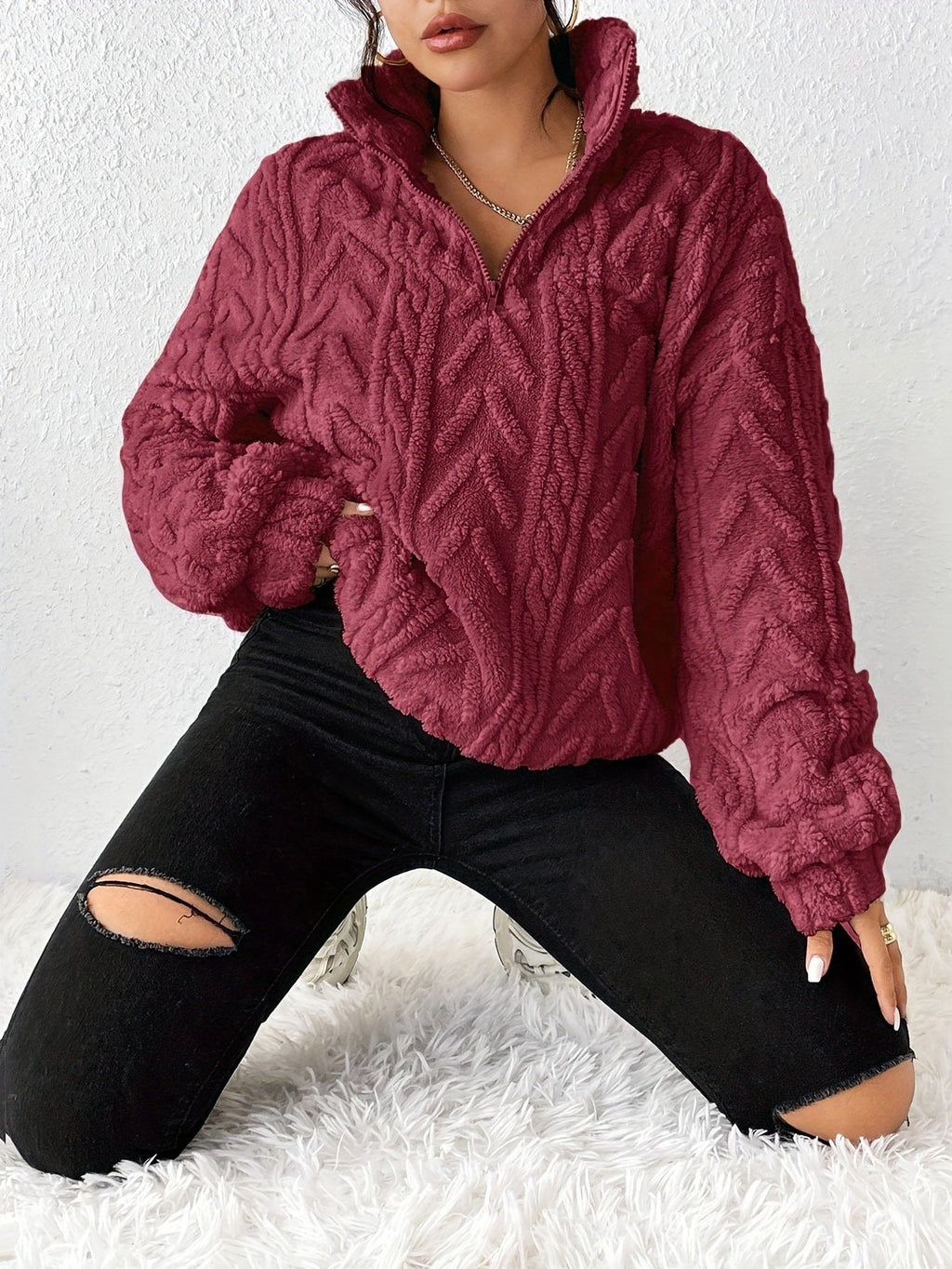 Women's High-Neck Textured Fleece Pullover