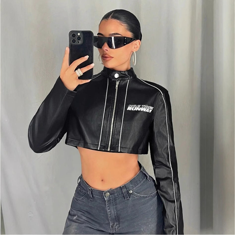 Women's Cropped Faux Leather Jacket with Sporty Details