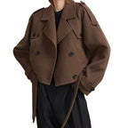 Women's Cropped Trench Jacket with Adjustable Belt and Double-Breasted Design