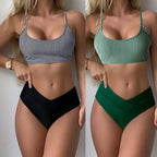 Women's Swimsuit Set with Striped Crop Top and High-Waisted Shorts