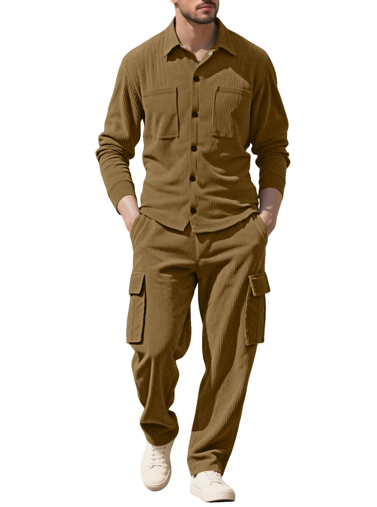 Men's Ribbed Worker Shirt and Cargo Pants Set
