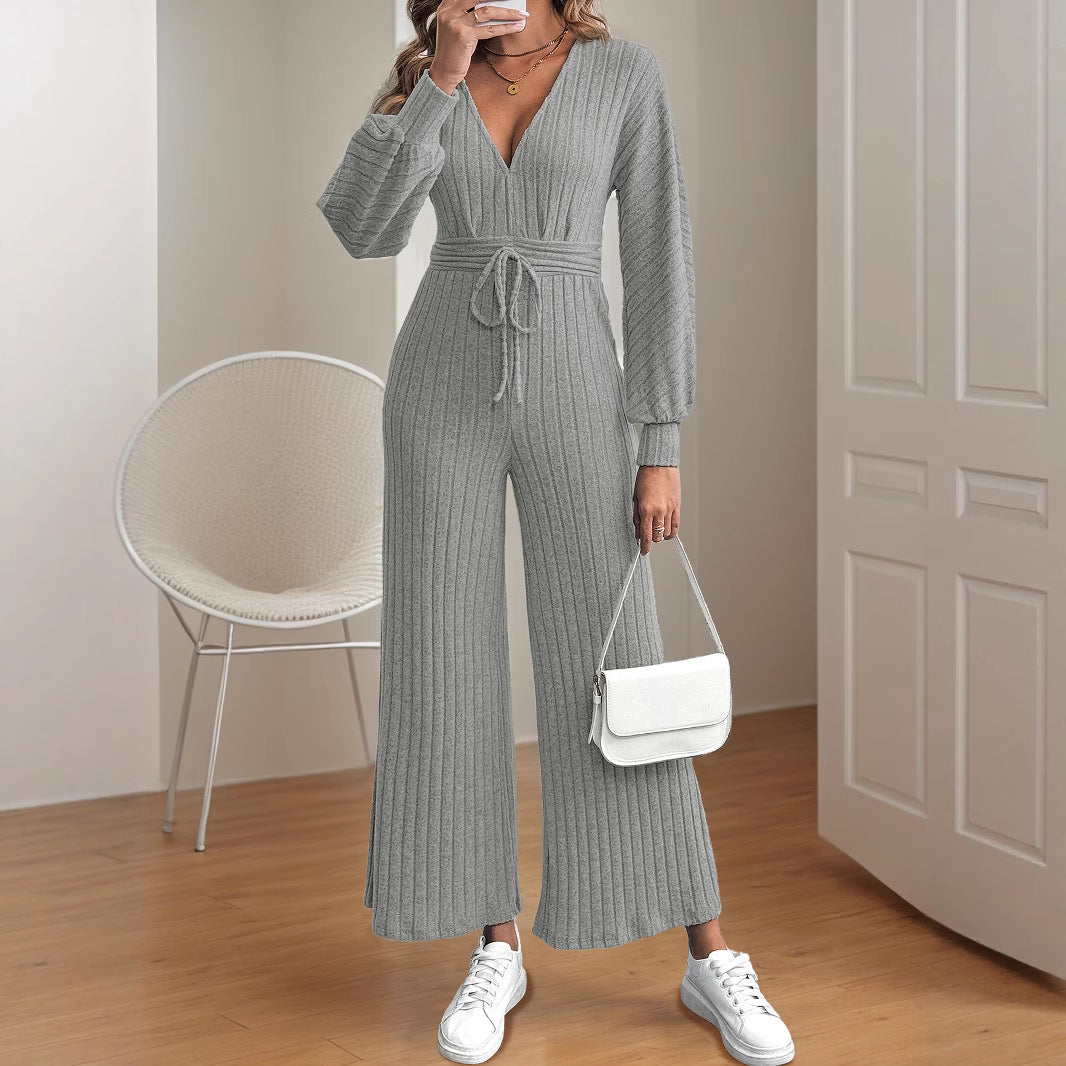 Women's Casual Knit Jumpsuit with Wide Leg and Belt
