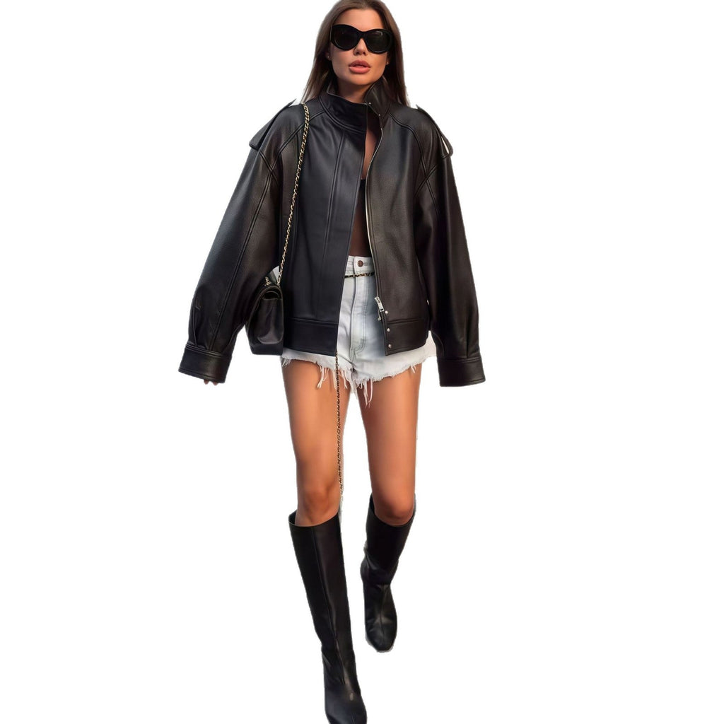 Women's Elegant Oversized Jacket with High Collar and Practical Pockets