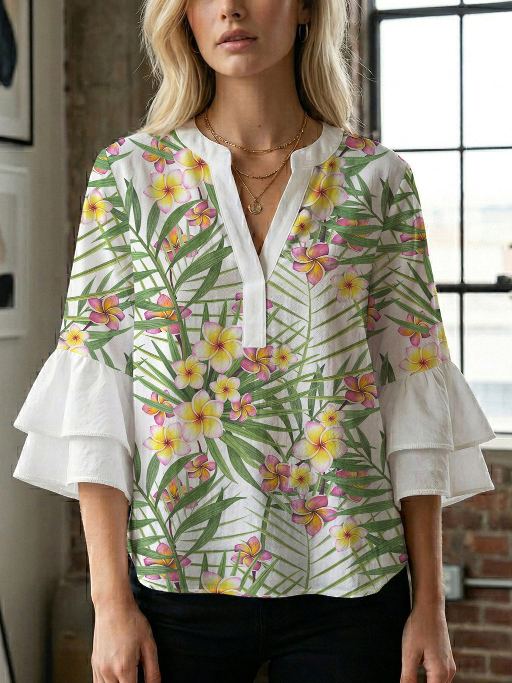 Women's Floral Top with Voluminous Ruffled Sleeves