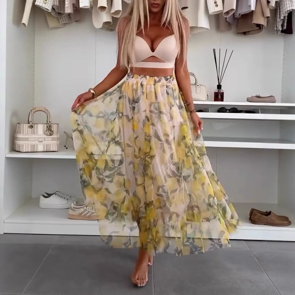 Women's Maxi Skirt with Floral Layers and Transparent Design