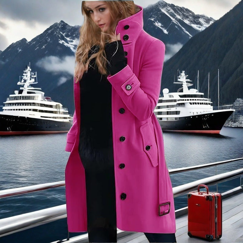 Elegant Trench Coat with High Collar and Double-Breasted Button Placket