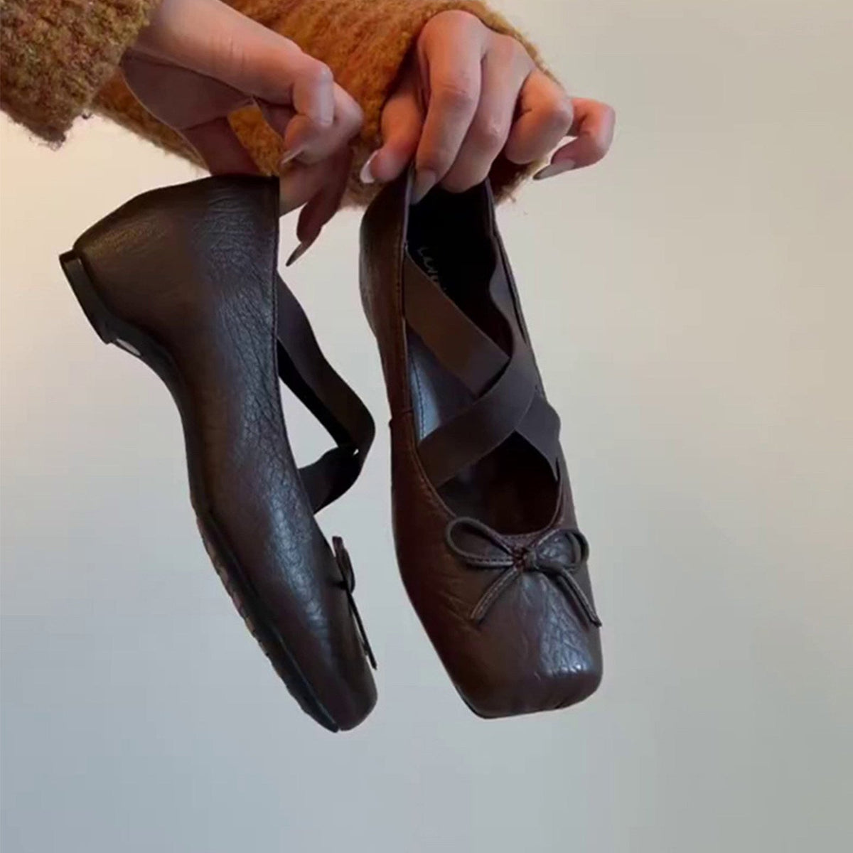 Women's Ballet Flats with Elastic Cross Straps and Decorative Bow Detail