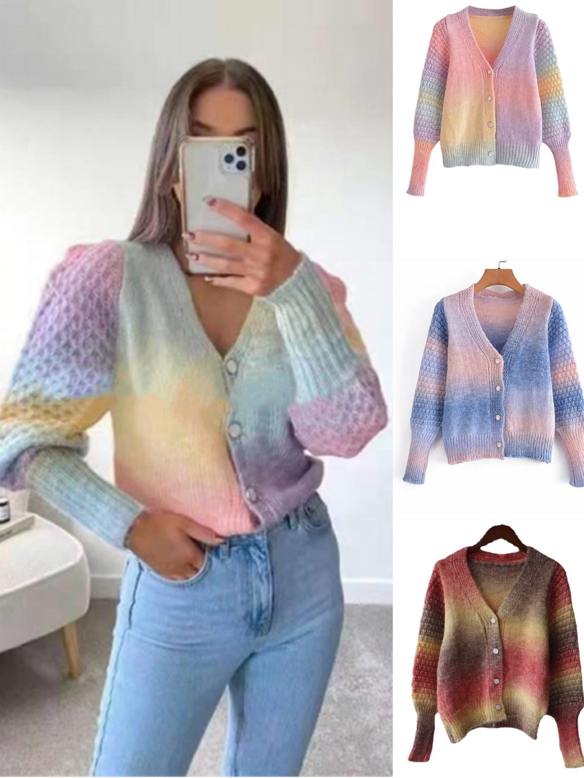 Women's Gradient Knit Cardigan with Original Ribbed Design