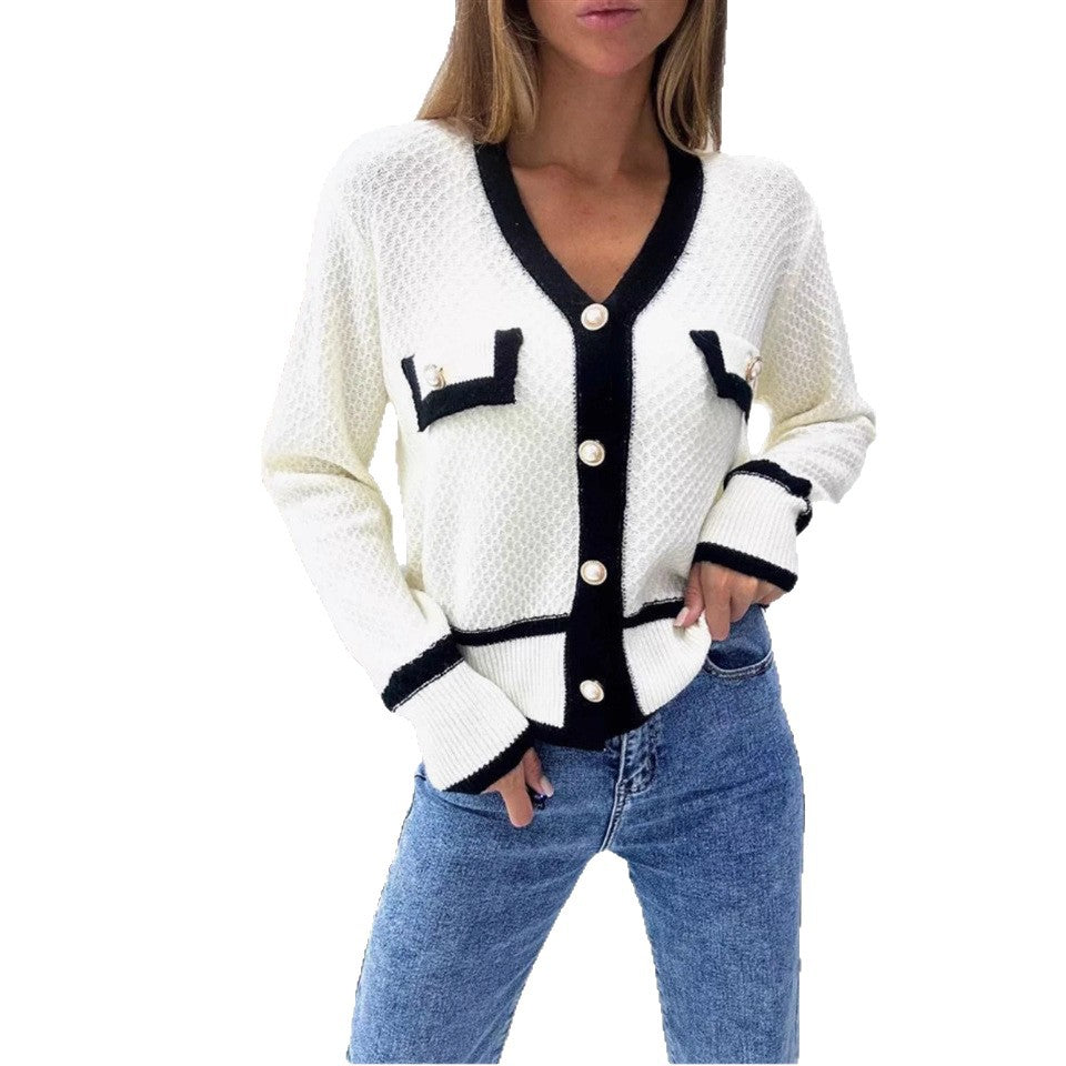 Women's Elegant Cardigan with Pearl Buttons and Contrast Details