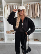 Women's Cozy Leisure Suit with High Neck and Patch Pockets