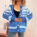 Women's Cozy Cardigan with Blue Patterns and Button Closure