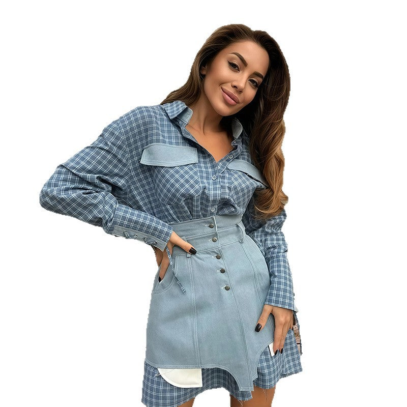 Women's Plaid Blouse with Denim Skirt