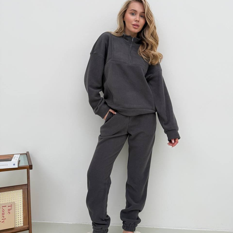 Women's Cozy Fleece Loungewear Set with Half Zipper and Joggers