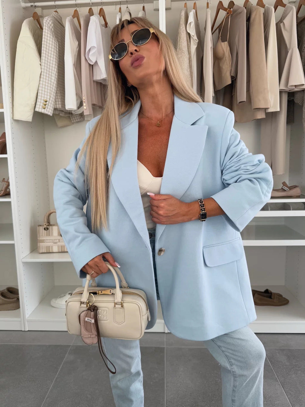 Women's Elegant Oversized Blazer with Deep Lapel and Pockets