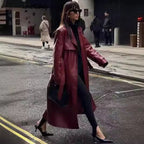 Elegant Women's Faux Leather Trench Jacket with Belt and High Lapels