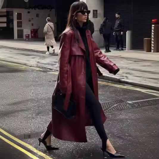 Elegant Women's Faux Leather Trench Jacket with Belt and High Lapels