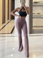 Women's High-Elastic Waist Textured Flared Leggings