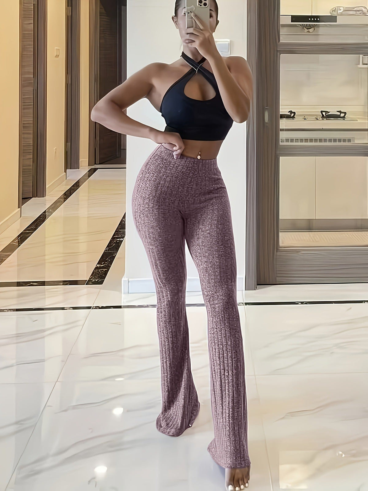 Women's High-Elastic Waist Textured Flared Leggings
