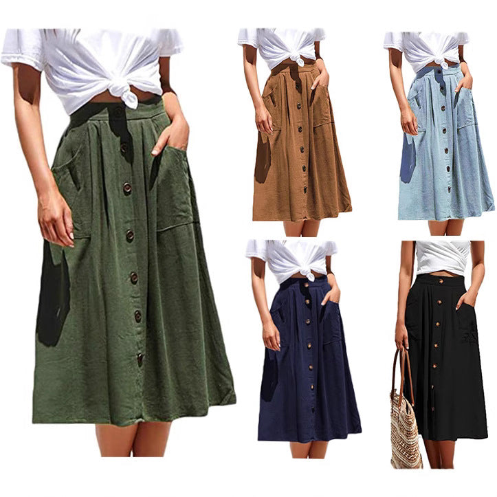 Women's Midi Skirt with Button Placket and Pockets