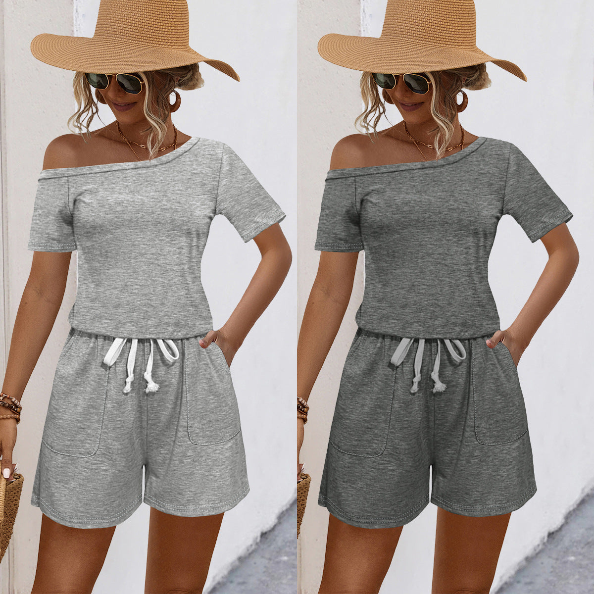 Casual Off-Shoulder Jumpsuit with Practical Waist Drawstring and Shorts