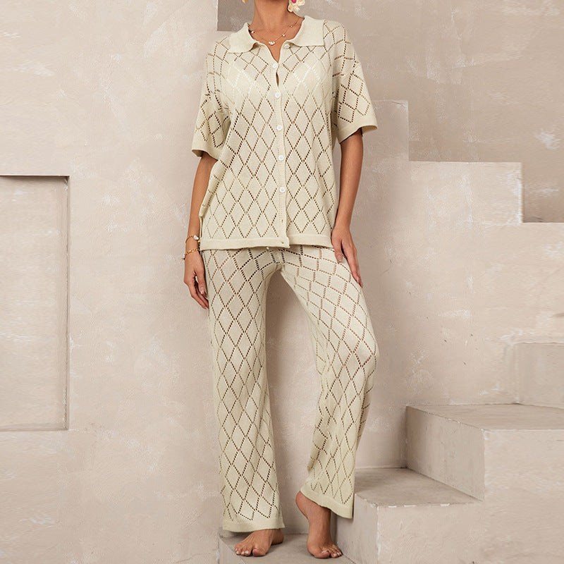 Elegant Knit Suit with Diamond Pattern