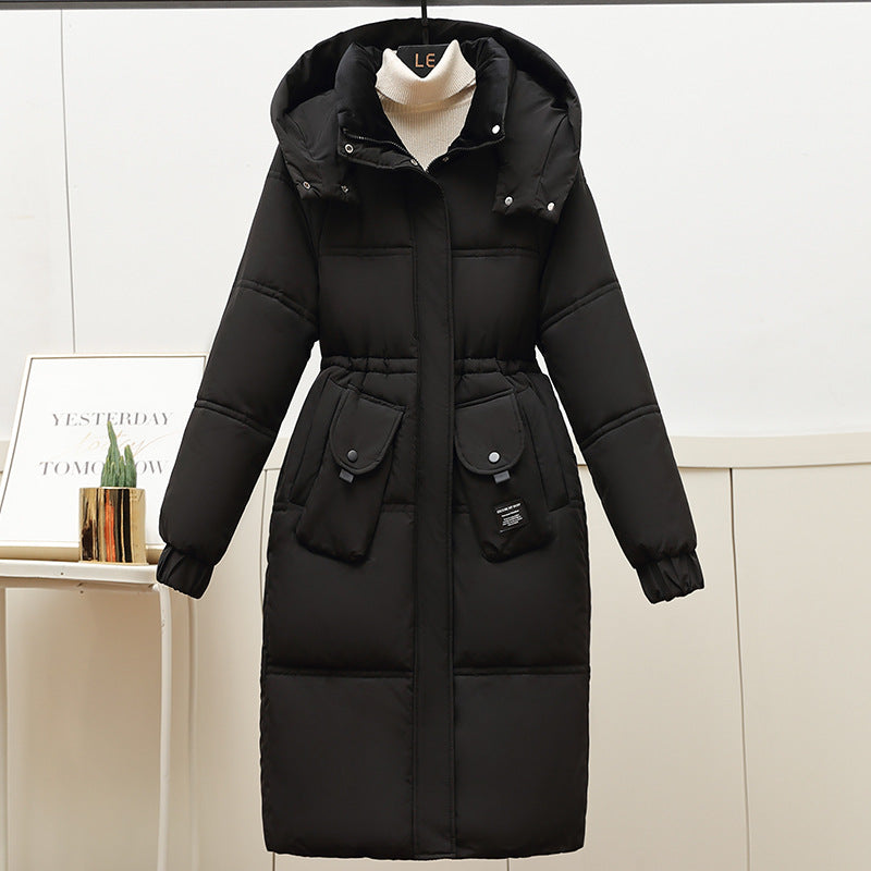 Women's Long Puffer Jacket with Detachable Hood and Large Pockets