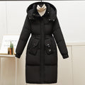 Women's Long Puffer Jacket with Detachable Hood and Large Pockets