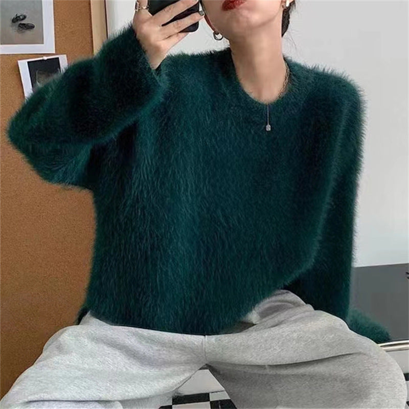 Women's Fluffy Pullover with Casual Fit and High Crew Neck