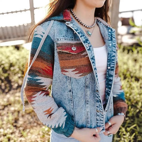 Women's Denim Jacket in Casual Boho Style with Hood