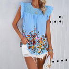 Women's Blouse with Floral Accents and Ruffle Details