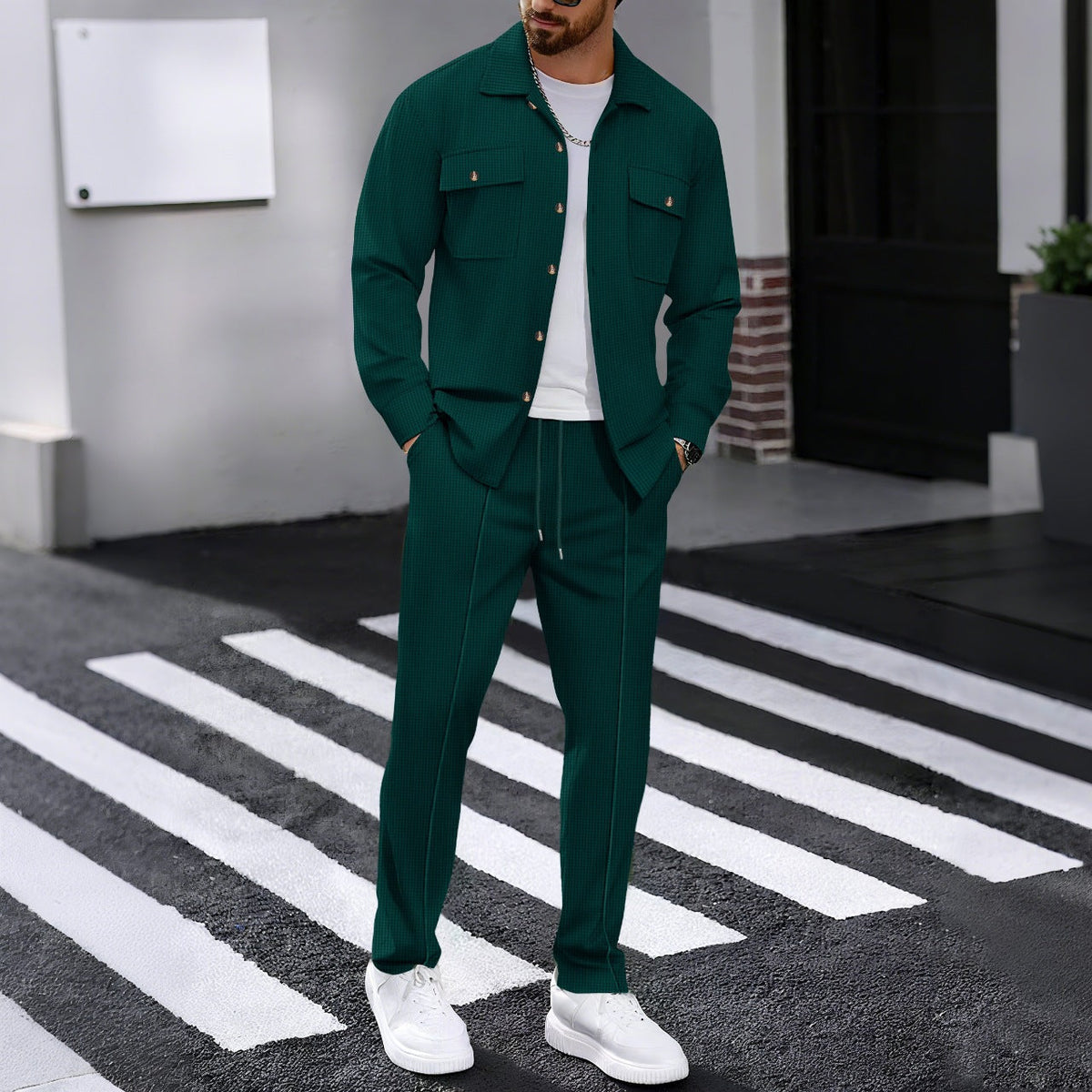 Men's Waffle Structure Shirt Jacket and Relax Pants Set