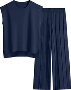 Elegant Women's Short-Sleeve Top and Pleated Trousers Set