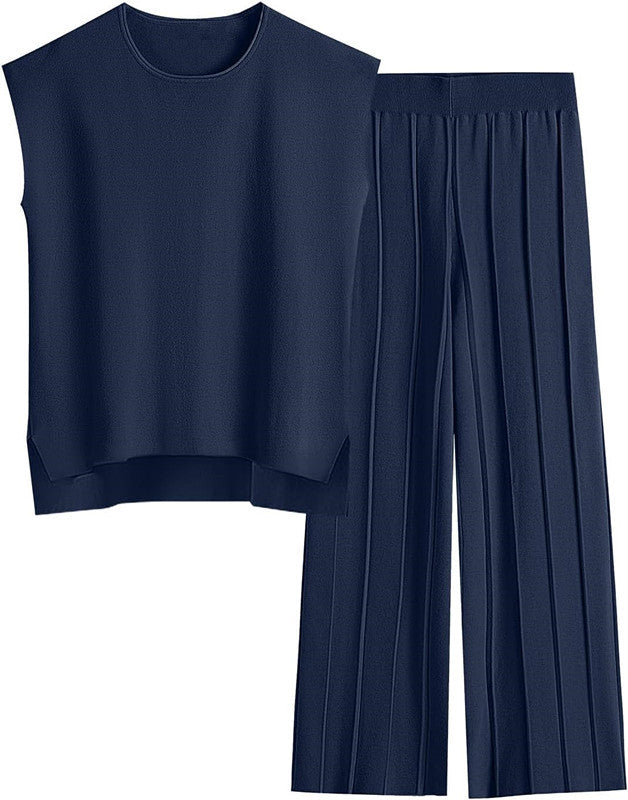 Elegant Women's Short-Sleeve Top and Pleated Trousers Set