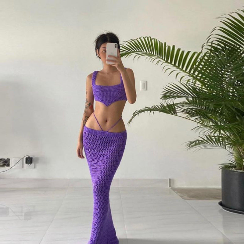 Women's Crocheted Crop Top and Midi Skirt Set