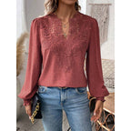 Women's Blouse with Embroidered V-Neck and Long Sleeves