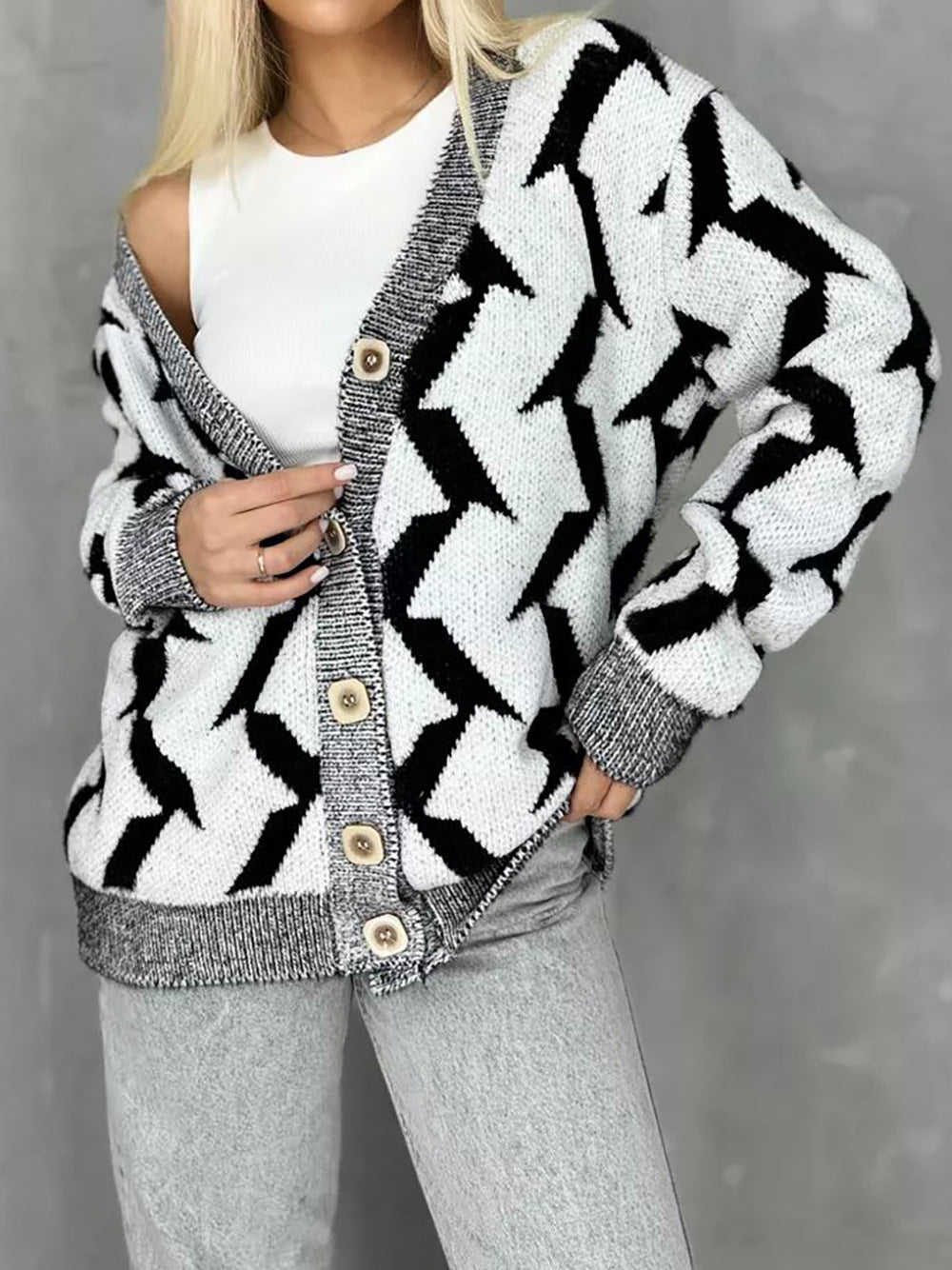 Women's Cozy Knit Cardigan with Modern Lightning Design and Button Closure