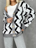Women's Cozy Knit Cardigan with Modern Lightning Design and Button Closure