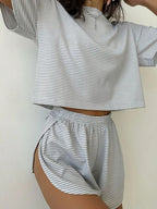 Women's Casual Striped Set with Wide T-Shirt and Shorts