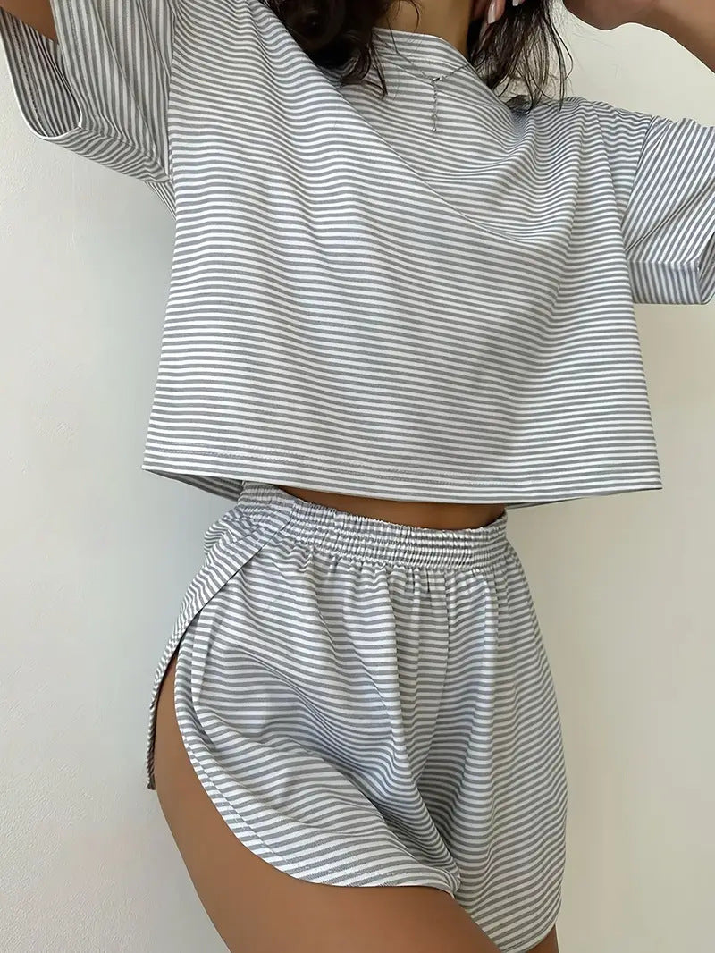 Women's Casual Striped Set with Wide T-Shirt and Shorts