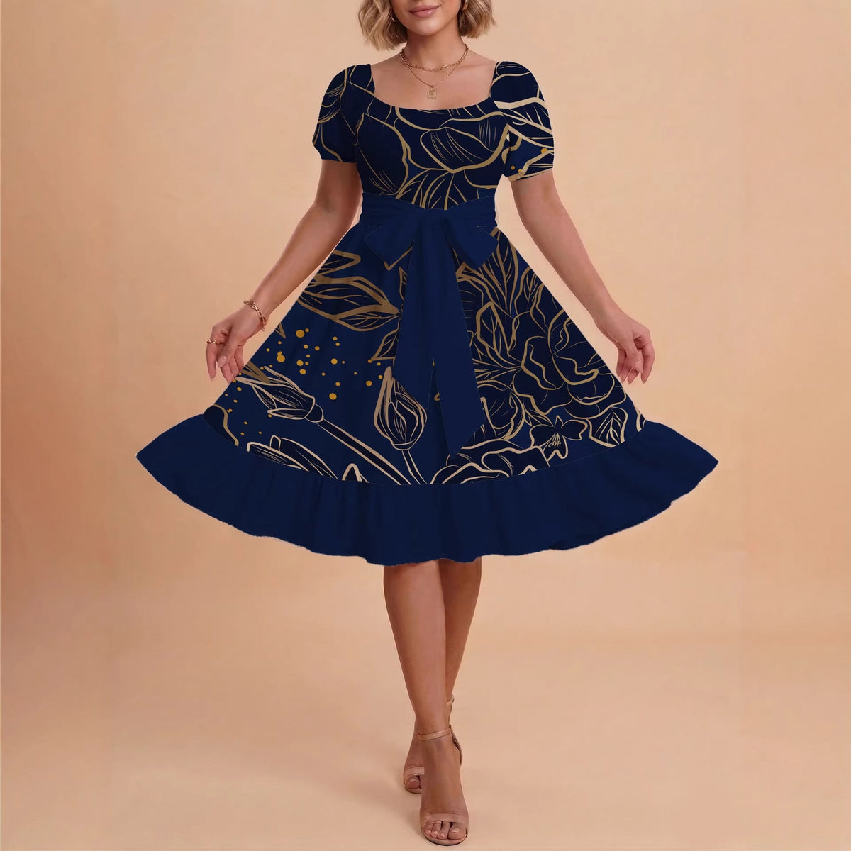 Women's A-Line Dress with Floral Motifs and Adjustable Belt
