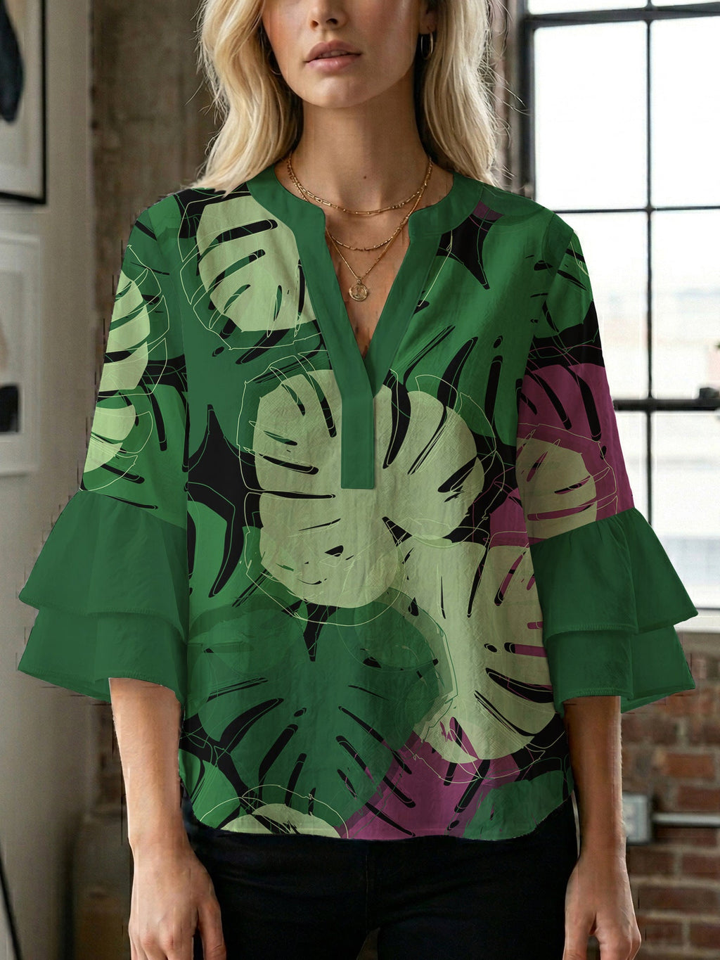 Women's Blouse with Voluminous Flutter Sleeves and Leaf Print