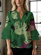 Women's Blouse with Voluminous Flutter Sleeves and Leaf Print