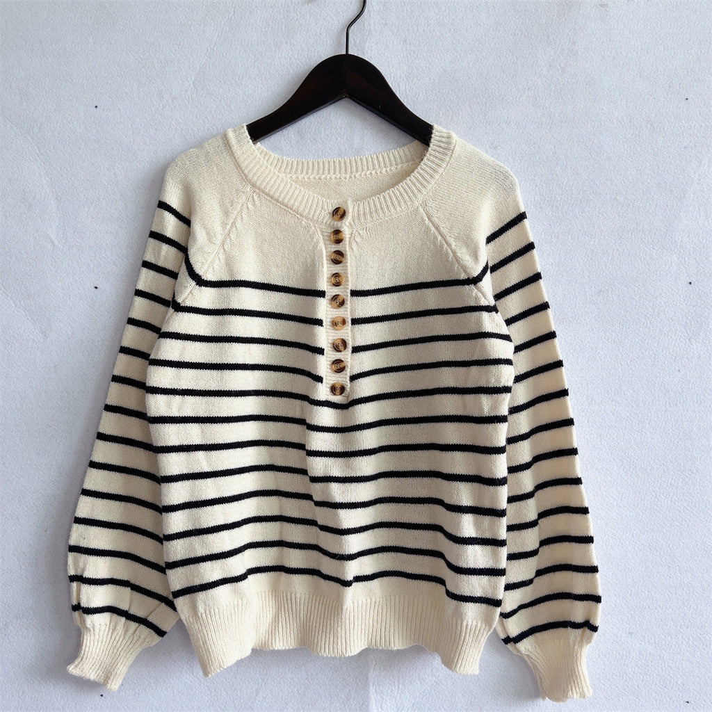 Women's Striped Knit Sweater with Button Details and Casual Fit