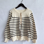 Women's Striped Knit Sweater with Button Details and Casual Fit